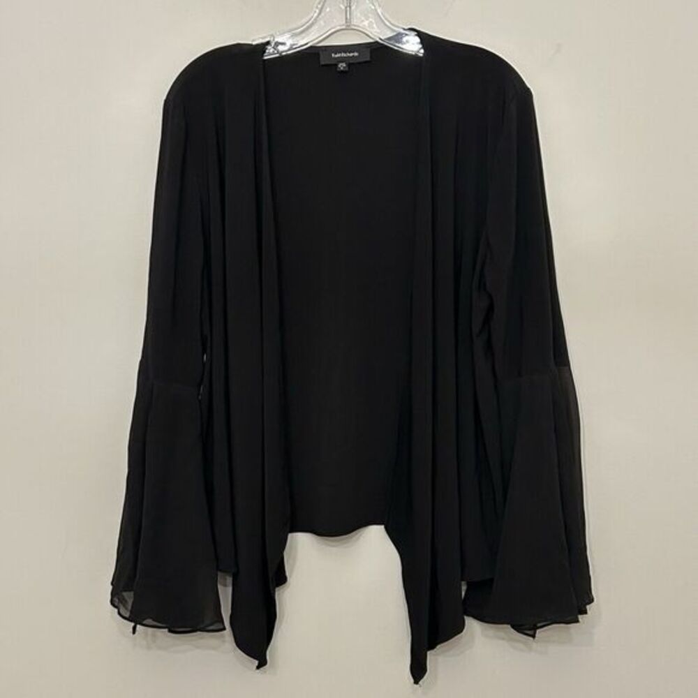 R&M RICHARDS Open Front Cardigan Womens Large Black Sheer Sleeve Bottom Drapey